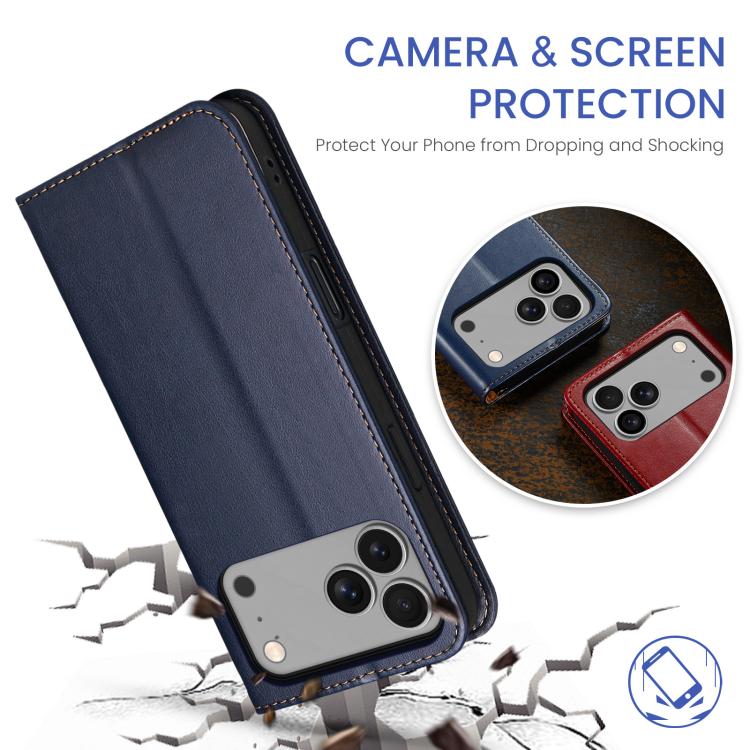 For iPhone 17 Pro Max Fierre Shann PU Genuine Leather Texture Phone Case(Blue) - iPhone 17 Pro Max Cases by FIERRE SHANN | Online Shopping UK | buy2fix