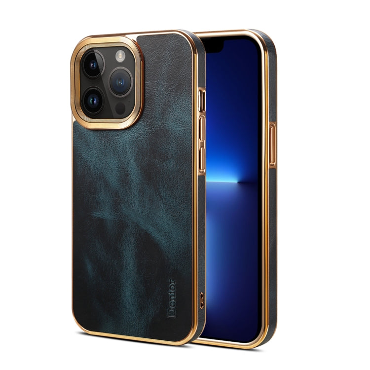 For iPhone 13 Pro Max Denior Oil Wax Cowhide Plating Phone Case(Blue) - iPhone 13 Pro Max Cases by Denior | Online Shopping UK | buy2fix