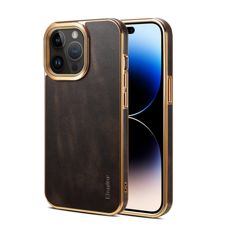 For iPhone 14 Pro Denior Oil Wax Cowhide Plating Phone Case(Black) - iPhone 14 Pro Cases by Denior | Online Shopping UK | buy2fix