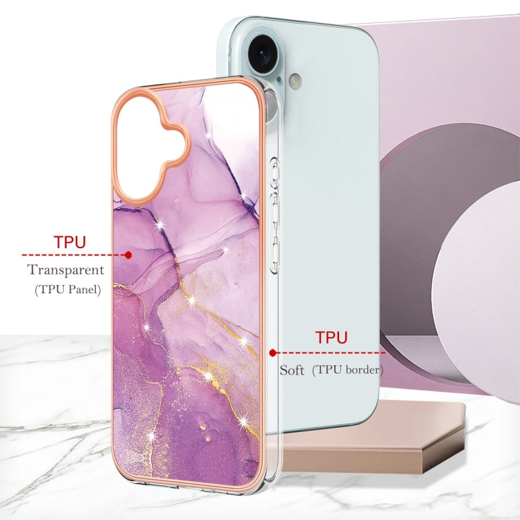 For iPhone 16 Plus Electroplating Marble Pattern Dual-side IMD TPU Shockproof Phone Case (Purple 001) by buy2fix