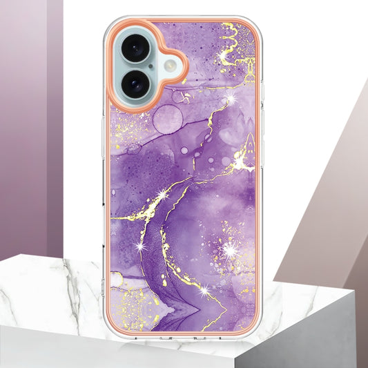 For iPhone 16 Electroplating Marble Pattern Dual-side IMD TPU Shockproof Phone Case (Purple 002) by buy2fix
