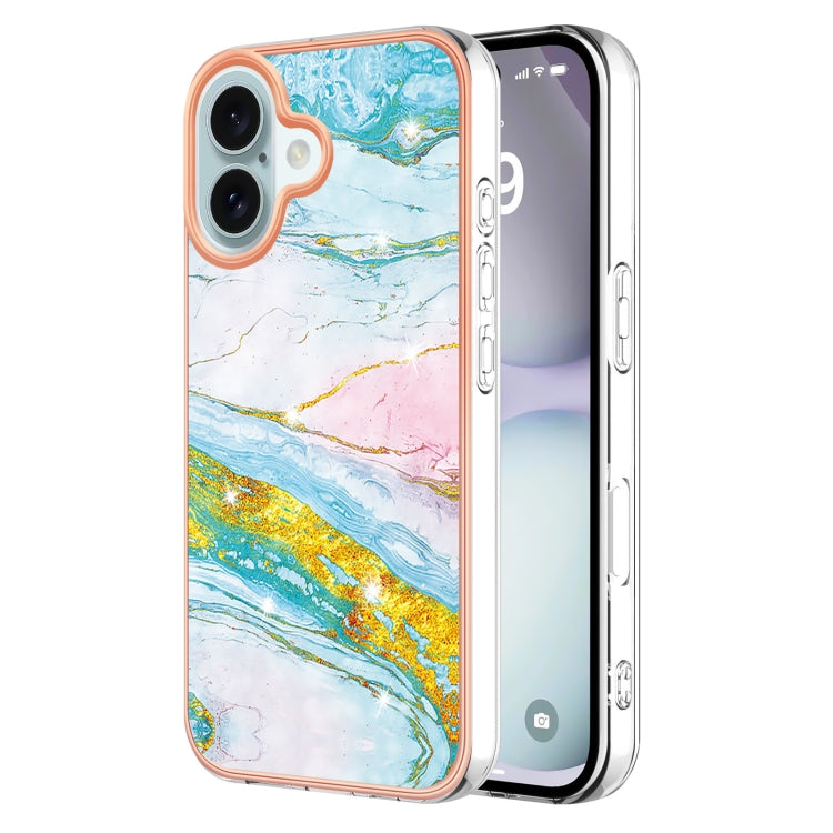 For iPhone 16Electroplating Marble Pattern Dual-side IMD TPU Shockproof Phone Case (Green 004) - iPhone 16 Cases by buy2fix | Online Shopping UK | buy2fix