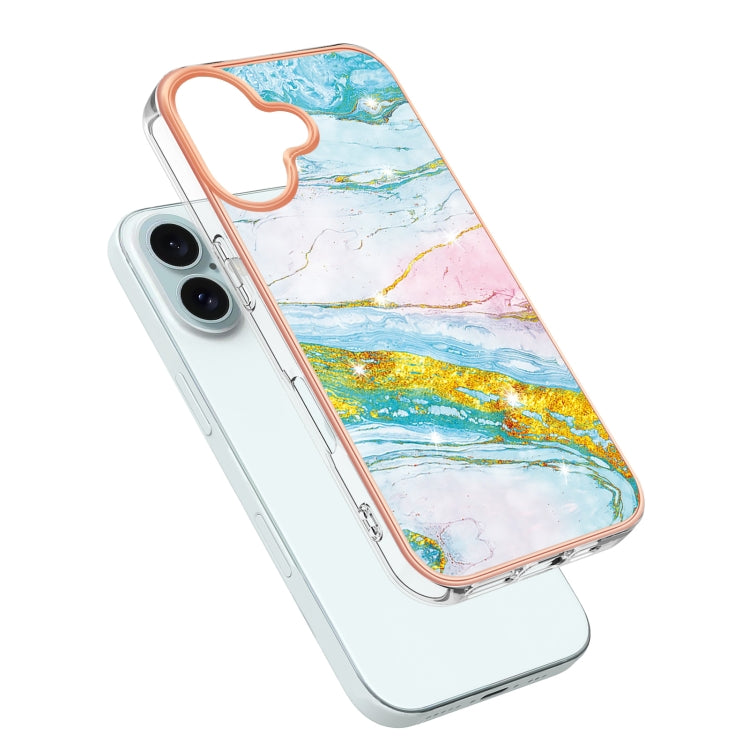 For iPhone 16Electroplating Marble Pattern Dual-side IMD TPU Shockproof Phone Case (Green 004) - iPhone 16 Cases by buy2fix | Online Shopping UK | buy2fix