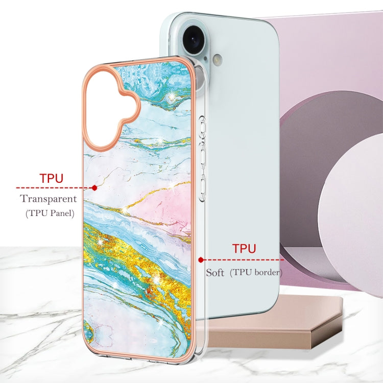 For iPhone 16Electroplating Marble Pattern Dual-side IMD TPU Shockproof Phone Case (Green 004) - iPhone 16 Cases by buy2fix | Online Shopping UK | buy2fix