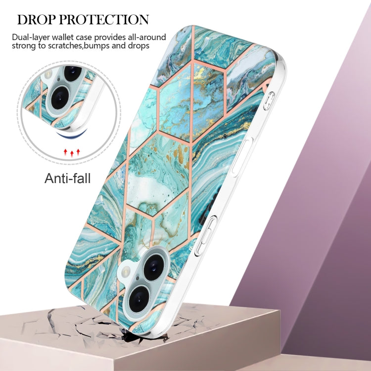 For iPhone 16 Electroplating Splicing Marble Flower Pattern Dual-side IMD TPU Shockproof Phone Case(Green) - iPhone 16 Cases by buy2fix | Online Shopping UK | buy2fix