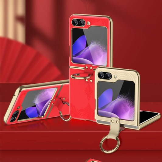 For Samsung Galaxy Z Flip5 Electroplated Embossed Leather Phone Case with Ring(Gold) - Galaxy Z Flip5 Cases by buy2fix | Online Shopping UK | buy2fix