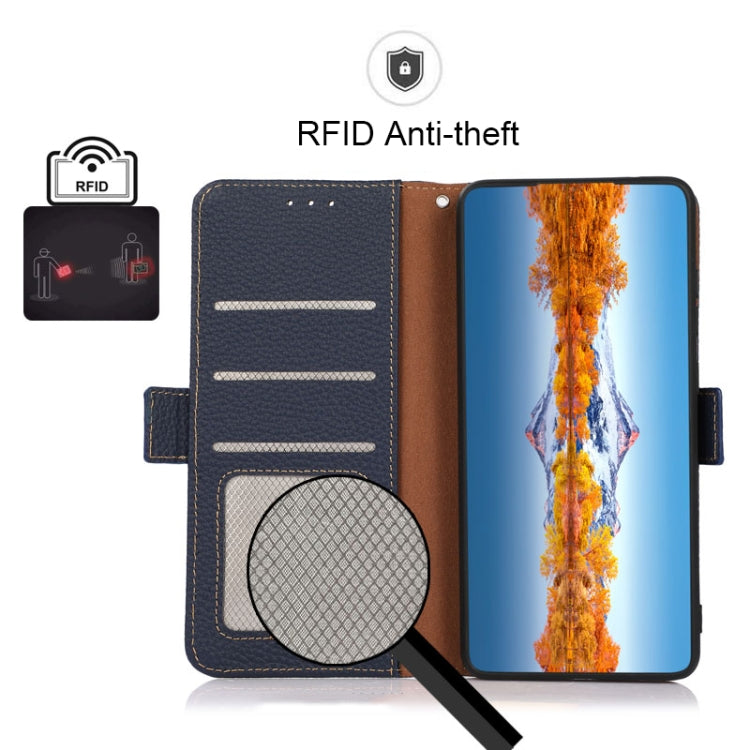 For Motorola Edge 40 KHAZNEH Side-Magnetic Litchi Genuine Leather RFID Phone Case(Blue) - Motorola Cases by buy2fix | Online Shopping UK | buy2fix