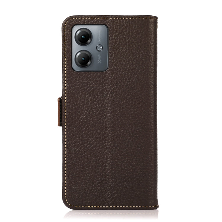 For Motorola Moto G14 4G KHAZNEH Side-Magnetic Litchi Genuine Leather RFID Phone Case(Brown) - Motorola Cases by buy2fix | Online Shopping UK | buy2fix