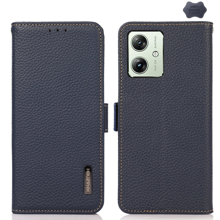 For Motorola Moto G54 5G KHAZNEH Side-Magnetic Litchi Genuine Leather RFID Phone Case(Blue) - Motorola Cases by buy2fix | Online Shopping UK | buy2fix