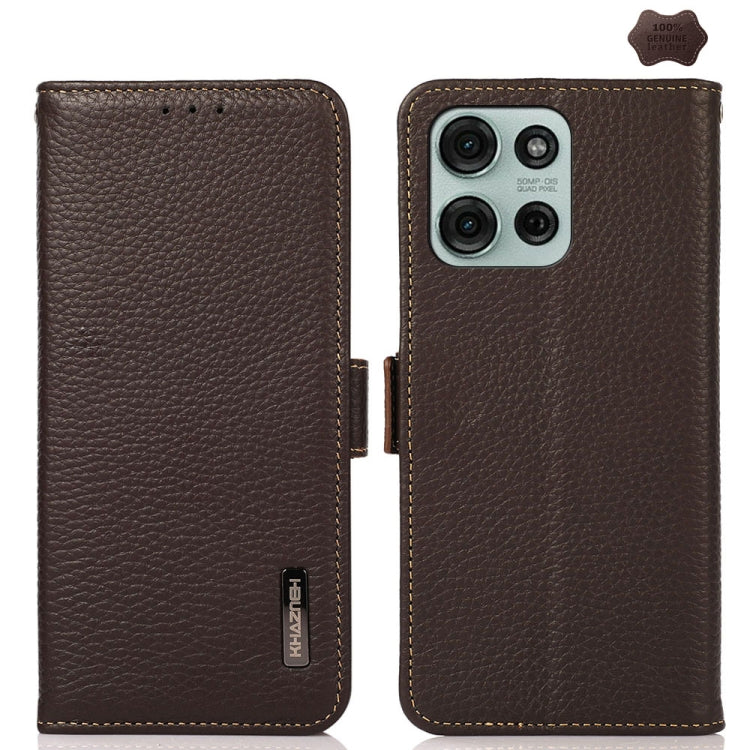 For Motorola Moto G75 5G KHAZNEH Side-Magnetic Litchi Genuine Leather RFID Phone Case(Brown) - Motorola Cases by buy2fix | Online Shopping UK | buy2fix