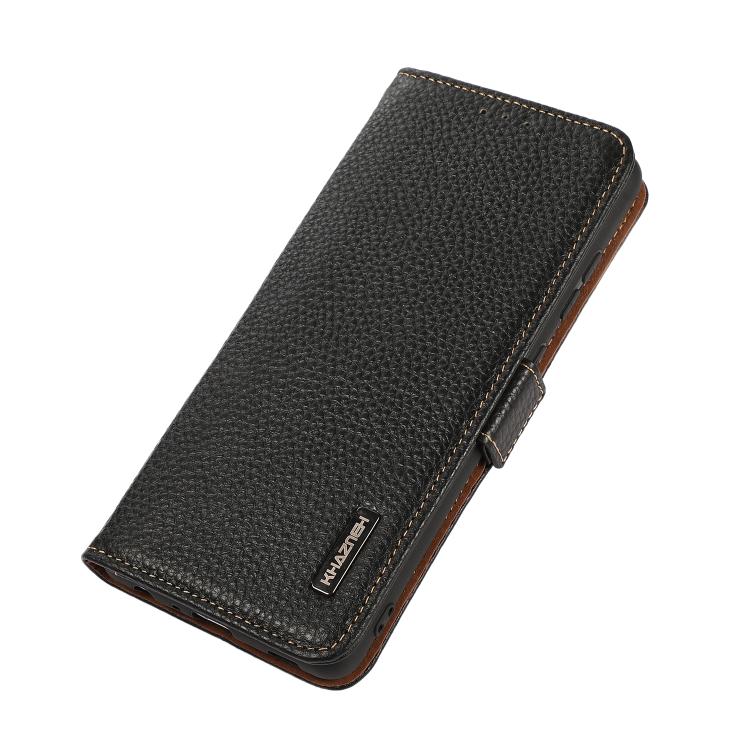 For Motorola Moto G15 4G / G05 KHAZNEH Side-Magnetic Litchi Genuine Leather RFID Phone Case(Black) - Motorola Cases by buy2fix | Online Shopping UK | buy2fix