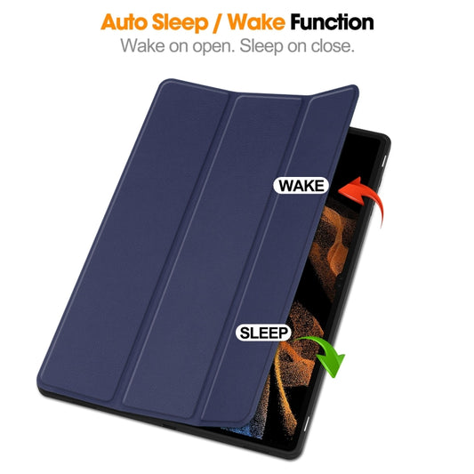 For Samsung Galaxy Tab S10 Ultra / S9 Ultra 3-Fold Pure Color TPU Smart Leather Tablet Case with Pen Slot(Dark Blue) by buy2fix