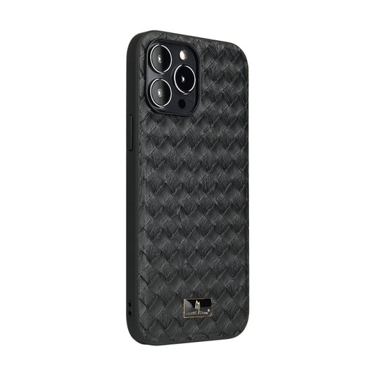 For iPhone 15 Pro Max Fierre Shann Leather Texture Phone Back Cover Case(Woven Black) by FIERRE SHANN