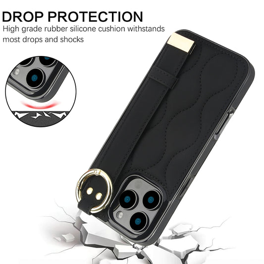 For iPhone 16 Pro Max Non-slip Full Coverage Ring PU Phone Case with Wristband(Black) by buy2fix