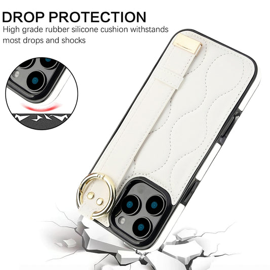 For iPhone 16 Pro Non-slip Full Coverage Ring PU Phone Case with Wristband(White) by buy2fix