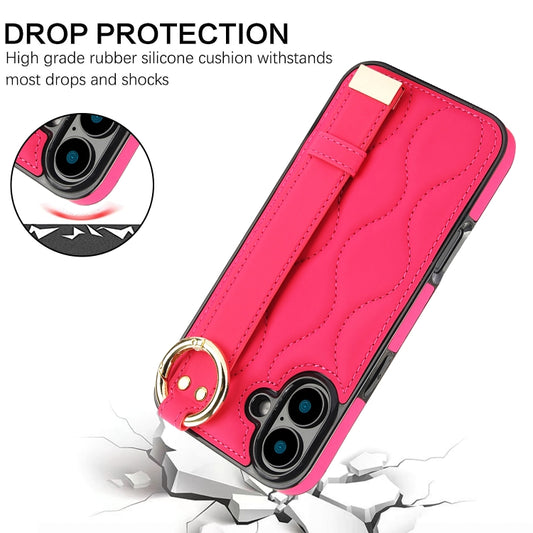 For iPhone 16 Plus Non-slip Full Coverage Ring PU Phone Case with Wristband(Rose Red) by buy2fix