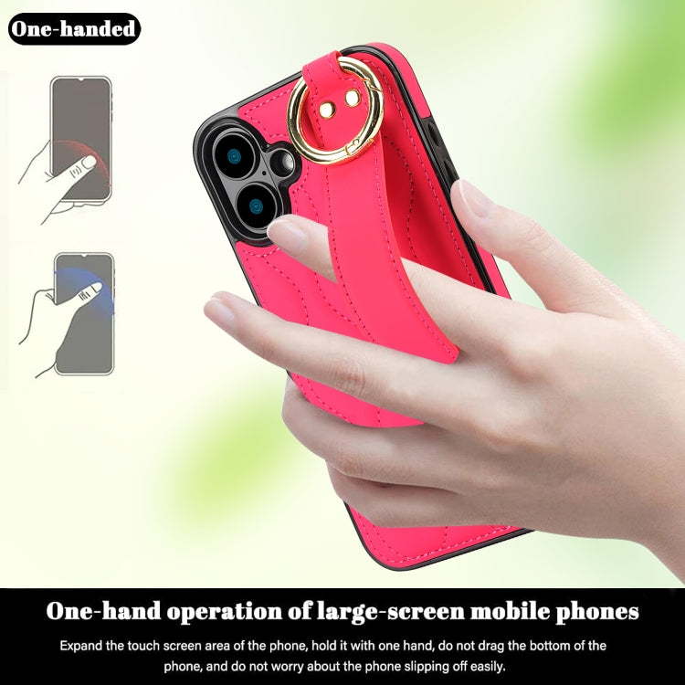 For iPhone 16 Plus Non-slip Full Coverage Ring PU Phone Case with Wristband(Rose Red) by buy2fix