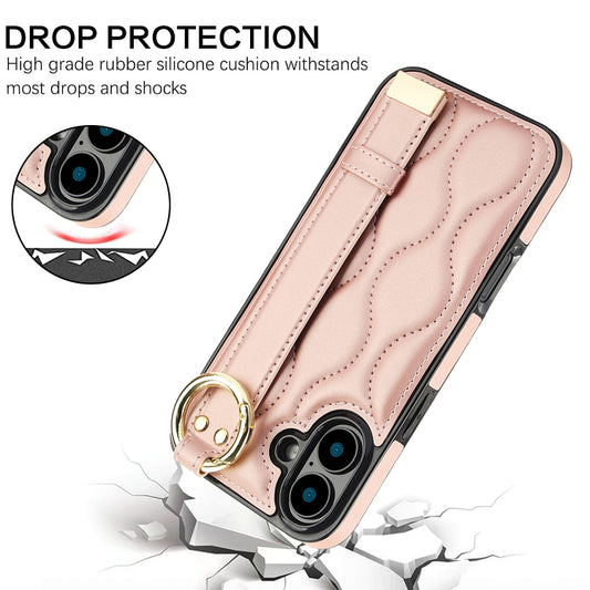 For iPhone 16 Non-slip Full Coverage Ring PU Phone Case with Wristband(Rose Gold) - iPhone 16 Cases by buy2fix | Online Shopping UK | buy2fix