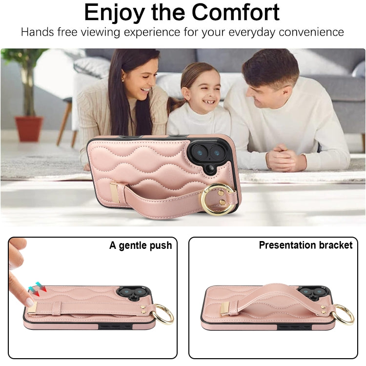 For iPhone 16 Non-slip Full Coverage Ring PU Phone Case with Wristband(Rose Gold) - iPhone 16 Cases by buy2fix | Online Shopping UK | buy2fix