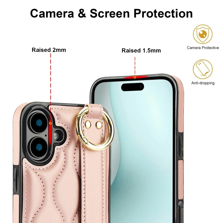 For iPhone 16 Non-slip Full Coverage Ring PU Phone Case with Wristband(Rose Gold) - iPhone 16 Cases by buy2fix | Online Shopping UK | buy2fix