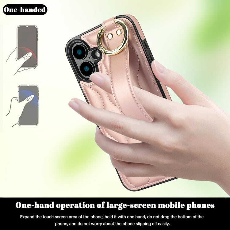 For iPhone 16 Non-slip Full Coverage Ring PU Phone Case with Wristband(Rose Gold) - iPhone 16 Cases by buy2fix | Online Shopping UK | buy2fix