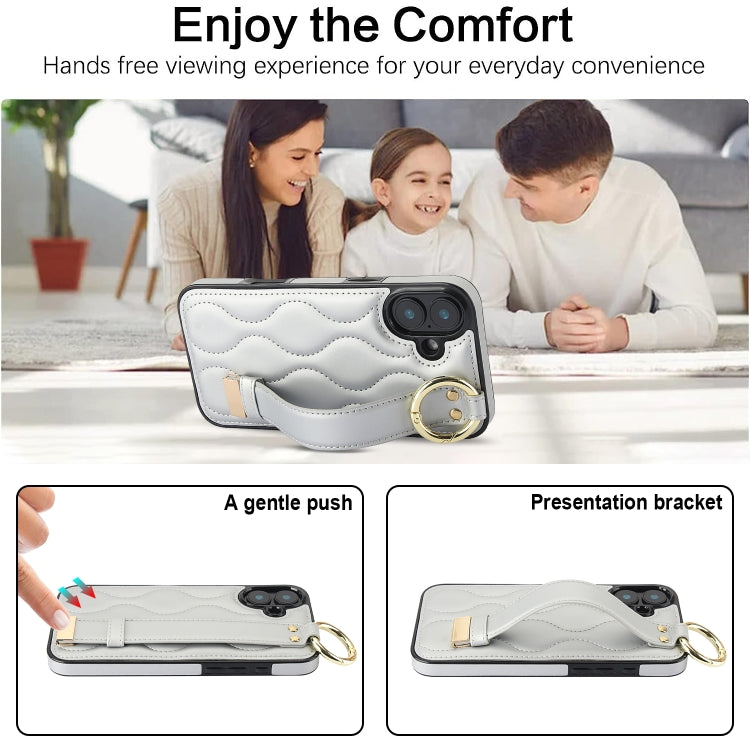 For iPhone 16 Non-slip Full Coverage Ring PU Phone Case with Wristband(Silver) - iPhone 16 Cases by buy2fix | Online Shopping UK | buy2fix