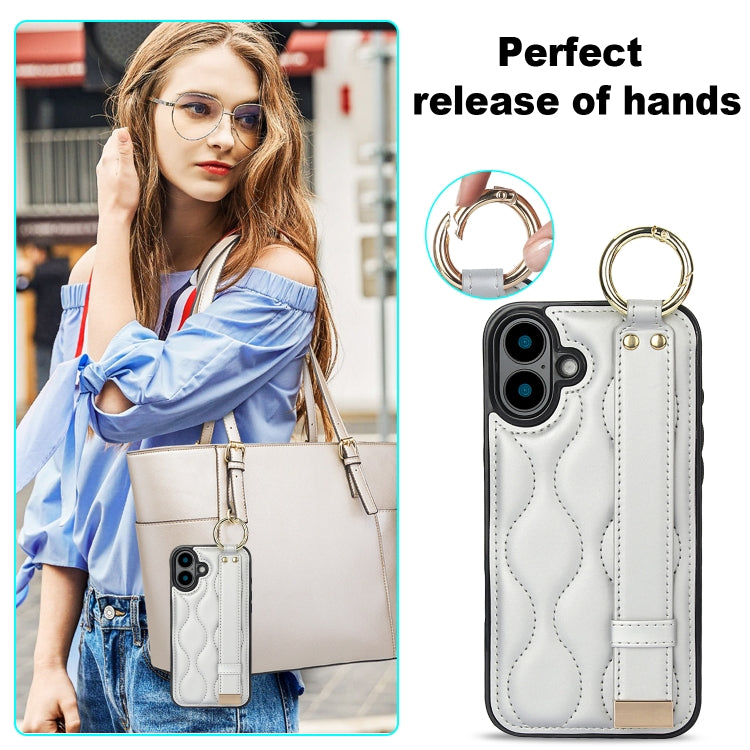 For iPhone 16 Non-slip Full Coverage Ring PU Phone Case with Wristband(Silver) - iPhone 16 Cases by buy2fix | Online Shopping UK | buy2fix