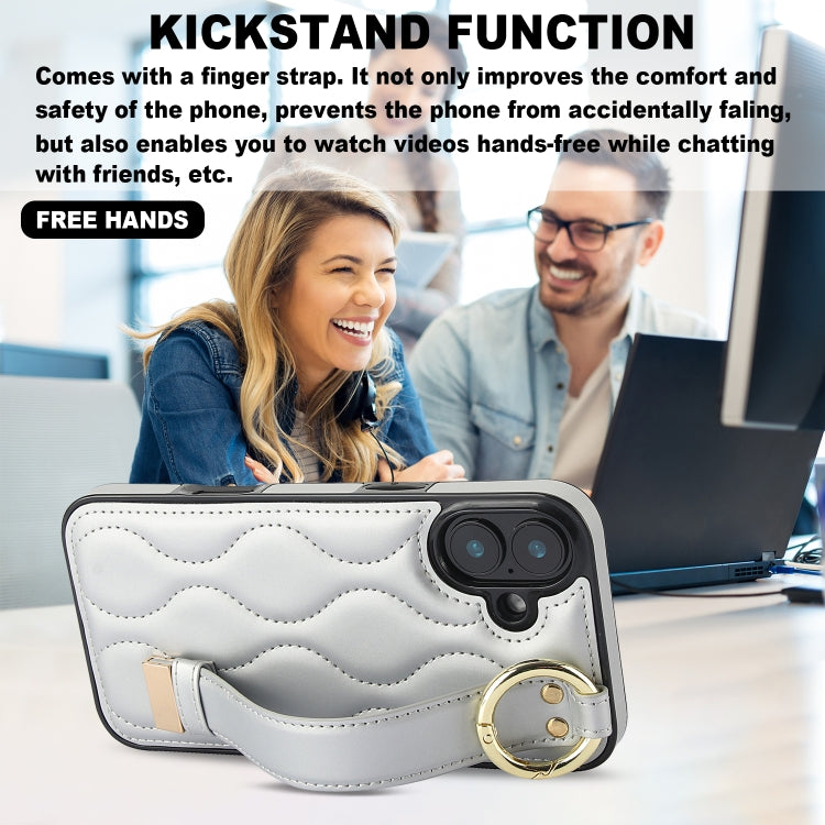 For iPhone 16 Non-slip Full Coverage Ring PU Phone Case with Wristband(Silver) - iPhone 16 Cases by buy2fix | Online Shopping UK | buy2fix