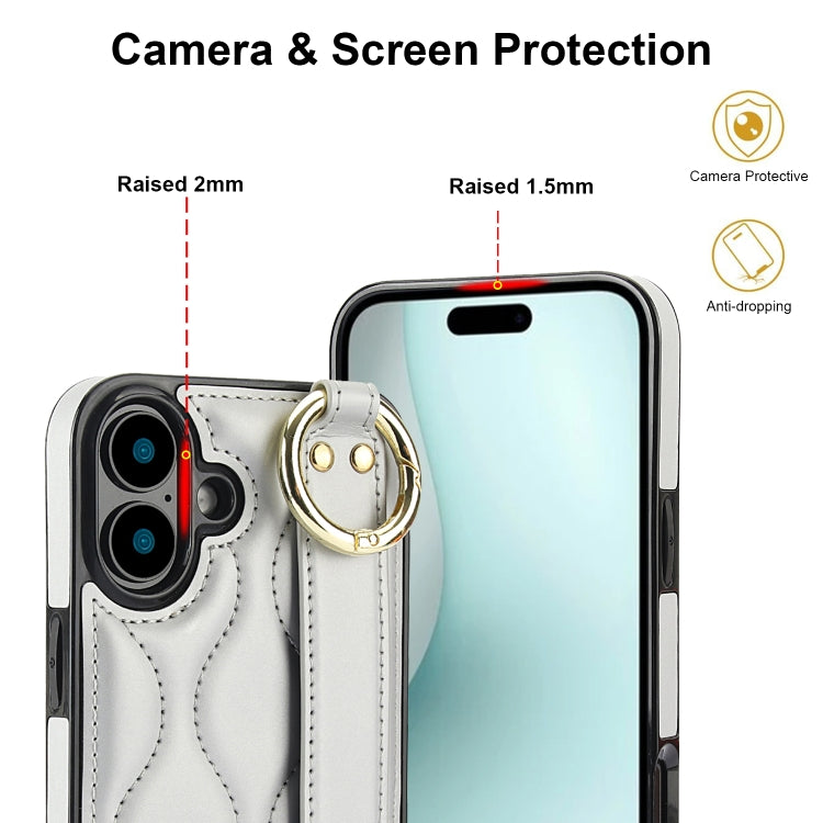 For iPhone 16 Non-slip Full Coverage Ring PU Phone Case with Wristband(Silver) - iPhone 16 Cases by buy2fix | Online Shopping UK | buy2fix