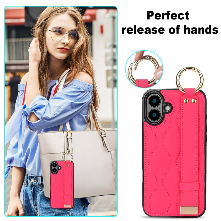 For iPhone 16 Non-slip Full Coverage Ring PU Phone Case with Wristband(Rose Red) - iPhone 16 Cases by buy2fix | Online Shopping UK | buy2fix