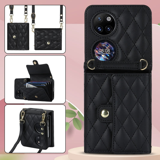 For Huawei P50 Pocket Rhombic Texture Card Bag PU Phone Case with Long Lanyard(Black) - Huawei Cases by buy2fix | Online Shopping UK | buy2fix