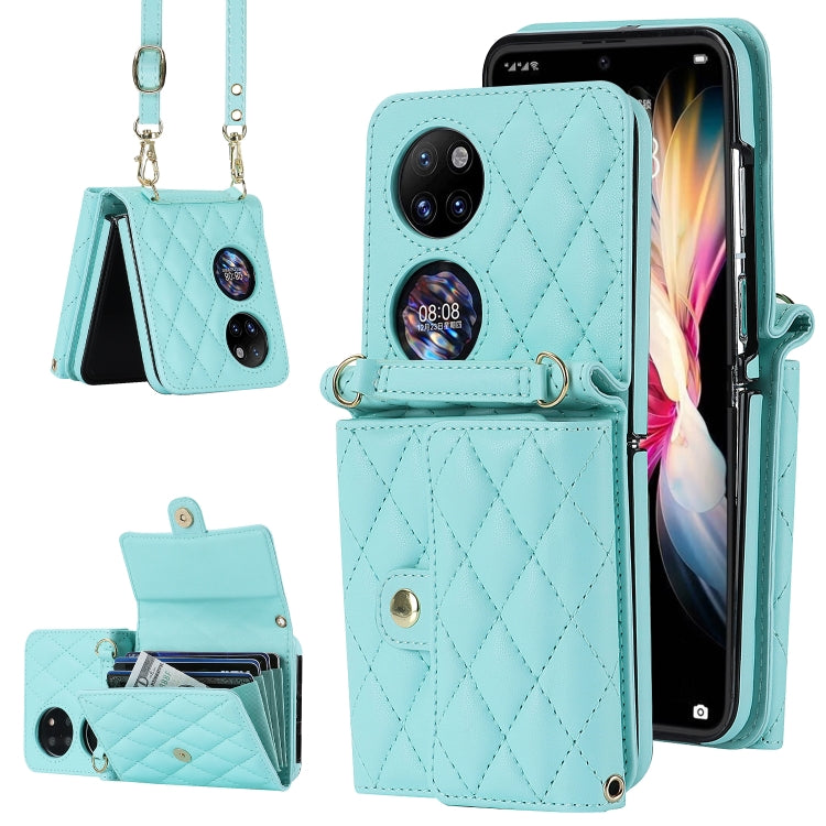 For Huawei P50 Pocket Rhombic Texture Card Bag PU Phone Case with Long Lanyard(Mint Green) - Huawei Cases by buy2fix | Online Shopping UK | buy2fix