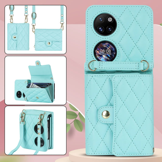 For Huawei P50 Pocket Rhombic Texture Card Bag PU Phone Case with Long Lanyard(Mint Green) - Huawei Cases by buy2fix | Online Shopping UK | buy2fix