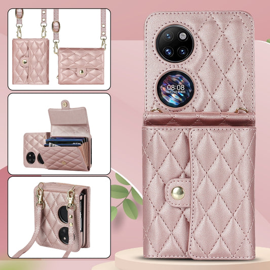 For Huawei P50 Pocket Rhombic Texture Card Bag PU Phone Case with Long Lanyard(Rose Gold) - Huawei Cases by buy2fix | Online Shopping UK | buy2fix