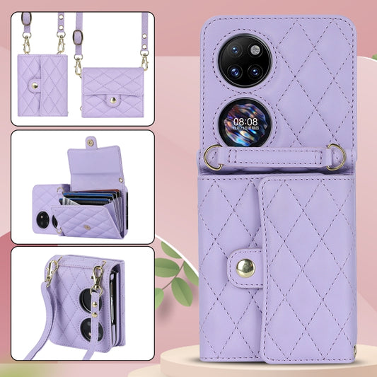For Huawei P50 Pocket Rhombic Texture Card Bag PU Phone Case with Long Lanyard(Purple) - Huawei Cases by buy2fix | Online Shopping UK | buy2fix