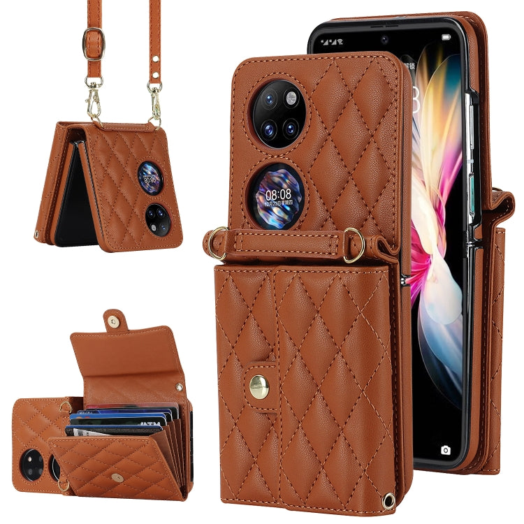 For Huawei P50 Pocket Rhombic Texture Card Bag PU Phone Case with Long Lanyard(Brown) - Huawei Cases by buy2fix | Online Shopping UK | buy2fix