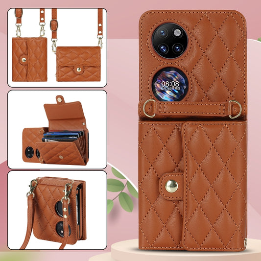For Huawei P50 Pocket Rhombic Texture Card Bag PU Phone Case with Long Lanyard(Brown) - Huawei Cases by buy2fix | Online Shopping UK | buy2fix