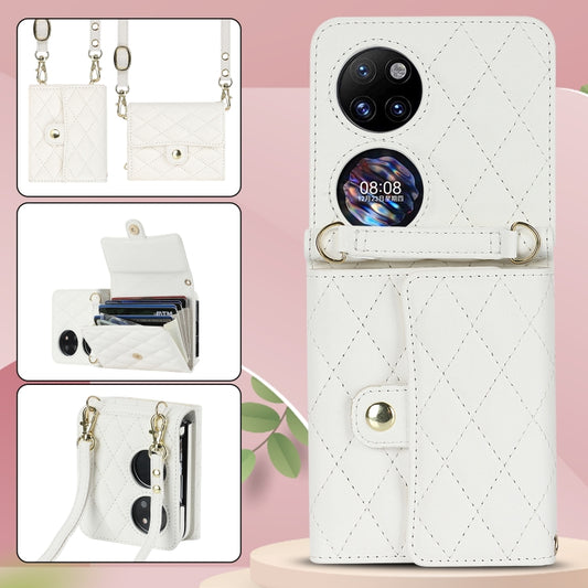 For Huawei P50 Pocket Rhombic Texture Card Bag PU Phone Case with Long Lanyard(White) - Huawei Cases by buy2fix | Online Shopping UK | buy2fix