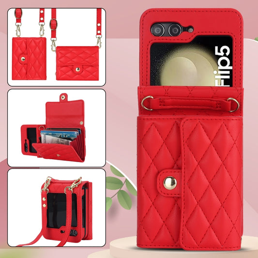 For Samsung Galaxy Z Flip5 Rhombic Texture Card Bag PU Phone Case with Long Lanyard(Red) - Galaxy Z Flip5 Cases by buy2fix | Online Shopping UK | buy2fix