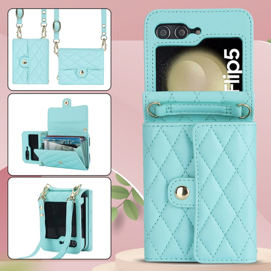 For Samsung Galaxy Z Flip5 Rhombic Texture Card Bag PU Phone Case with Long Lanyard(Mint Green) - Galaxy Z Flip5 Cases by buy2fix | Online Shopping UK | buy2fix