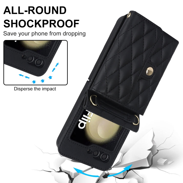 For Samsung Galaxy Z Flip6 Rhombic Texture Card Bag PU Phone Case with Long Lanyard(Black) - Galaxy Z Flip6 5G Cases by buy2fix | Online Shopping UK | buy2fix