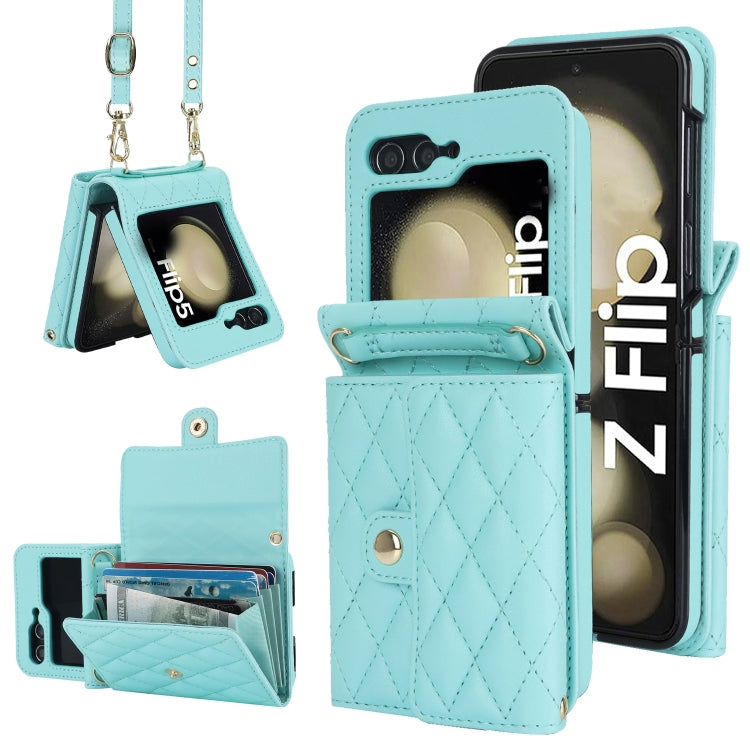 For Samsung Galaxy Z Flip6 Rhombic Texture Card Bag PU Phone Case with Long Lanyard(Mint Green) - Galaxy Z Flip6 5G Cases by buy2fix | Online Shopping UK | buy2fix
