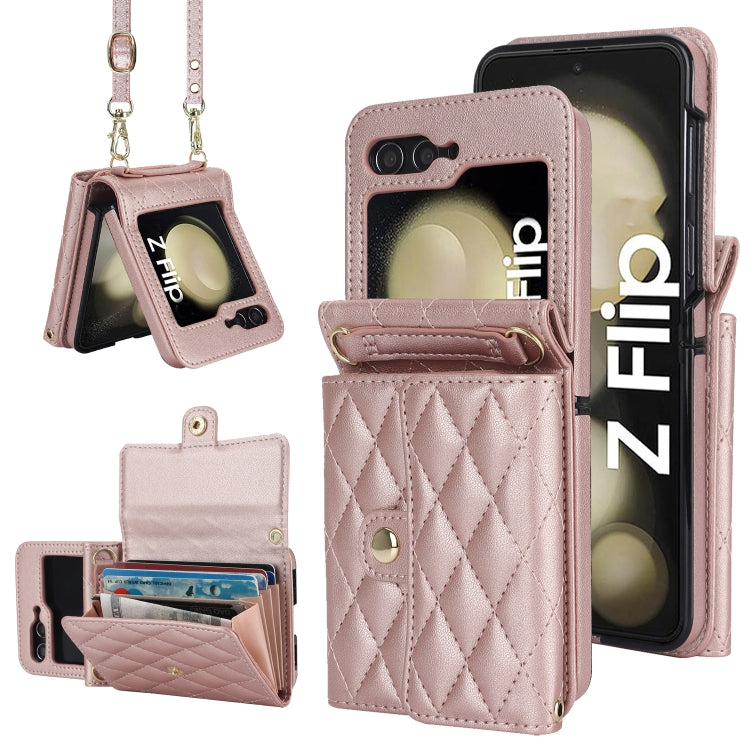For Samsung Galaxy Z Flip6 Rhombic Texture Card Bag PU Phone Case with Long Lanyard(Rose Gold) - Galaxy Z Flip6 5G Cases by buy2fix | Online Shopping UK | buy2fix