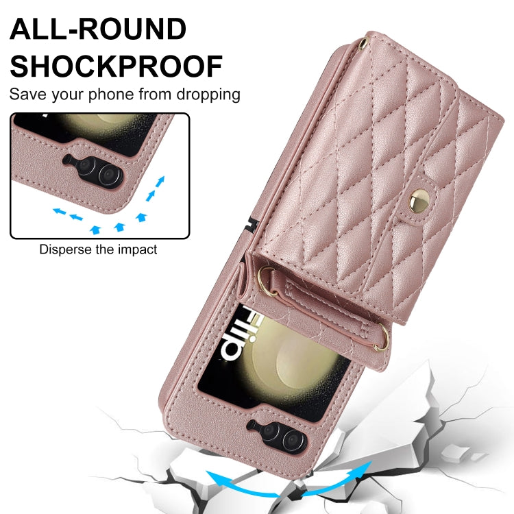 For Samsung Galaxy Z Flip6 Rhombic Texture Card Bag PU Phone Case with Long Lanyard(Rose Gold) - Galaxy Z Flip6 5G Cases by buy2fix | Online Shopping UK | buy2fix