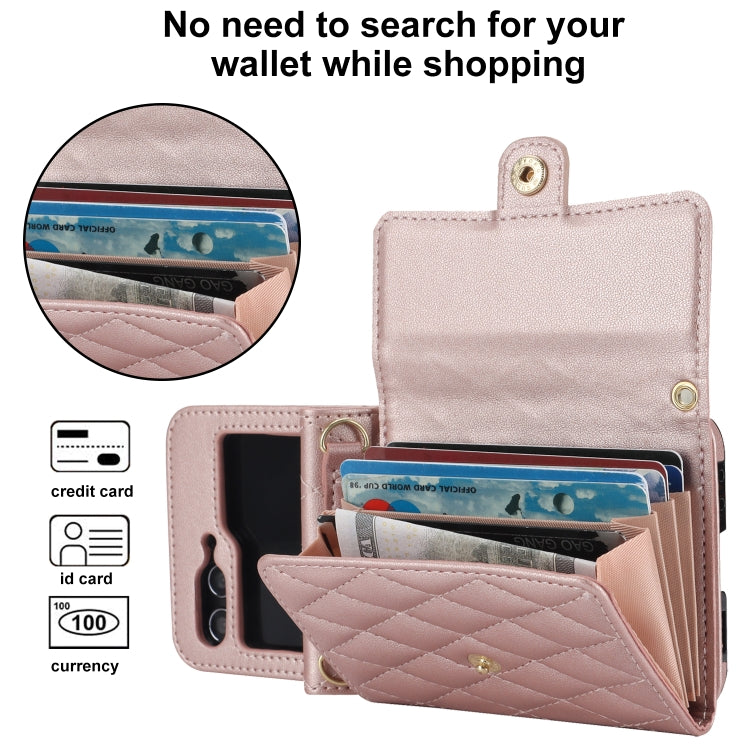 For Samsung Galaxy Z Flip6 Rhombic Texture Card Bag PU Phone Case with Long Lanyard(Rose Gold) - Galaxy Z Flip6 5G Cases by buy2fix | Online Shopping UK | buy2fix