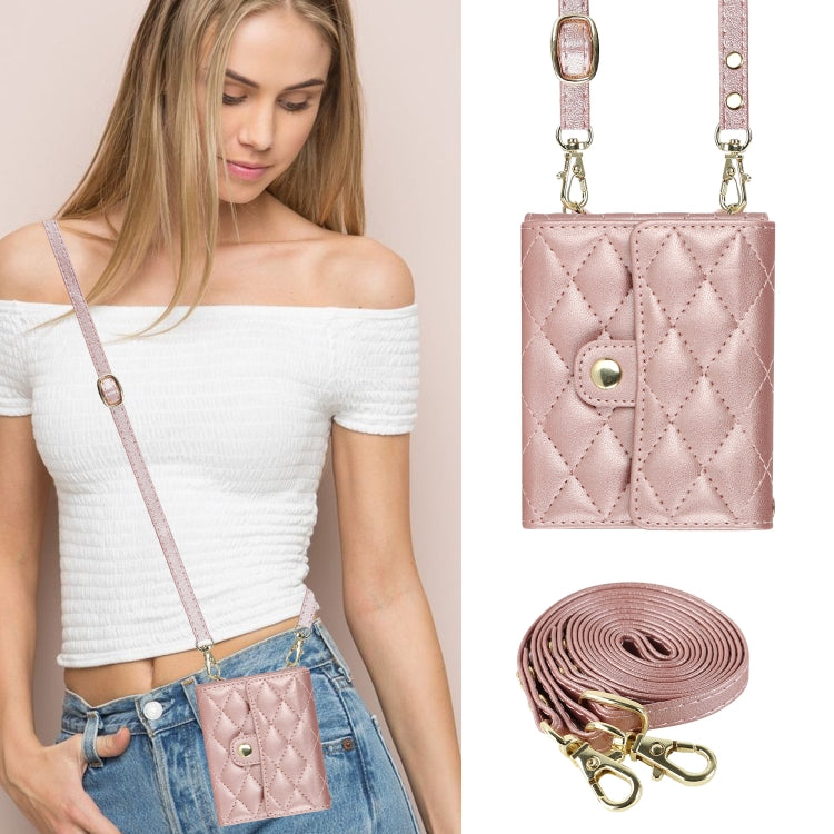 For Samsung Galaxy Z Flip6 Rhombic Texture Card Bag PU Phone Case with Long Lanyard(Rose Gold) - Galaxy Z Flip6 5G Cases by buy2fix | Online Shopping UK | buy2fix