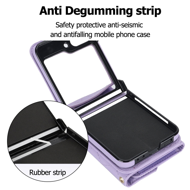 For Samsung Galaxy Z Flip6 Rhombic Texture Card Bag PU Phone Case with Long Lanyard(Purple) - Galaxy Z Flip6 5G Cases by buy2fix | Online Shopping UK | buy2fix