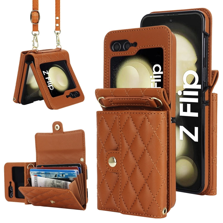 For Samsung Galaxy Z Flip6 Rhombic Texture Card Bag PU Phone Case with Long Lanyard(Brown) - Galaxy Z Flip6 5G Cases by buy2fix | Online Shopping UK | buy2fix