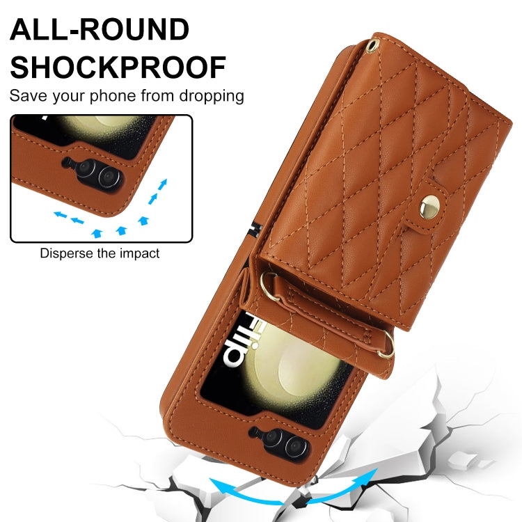 For Samsung Galaxy Z Flip6 Rhombic Texture Card Bag PU Phone Case with Long Lanyard(Brown) - Galaxy Z Flip6 5G Cases by buy2fix | Online Shopping UK | buy2fix