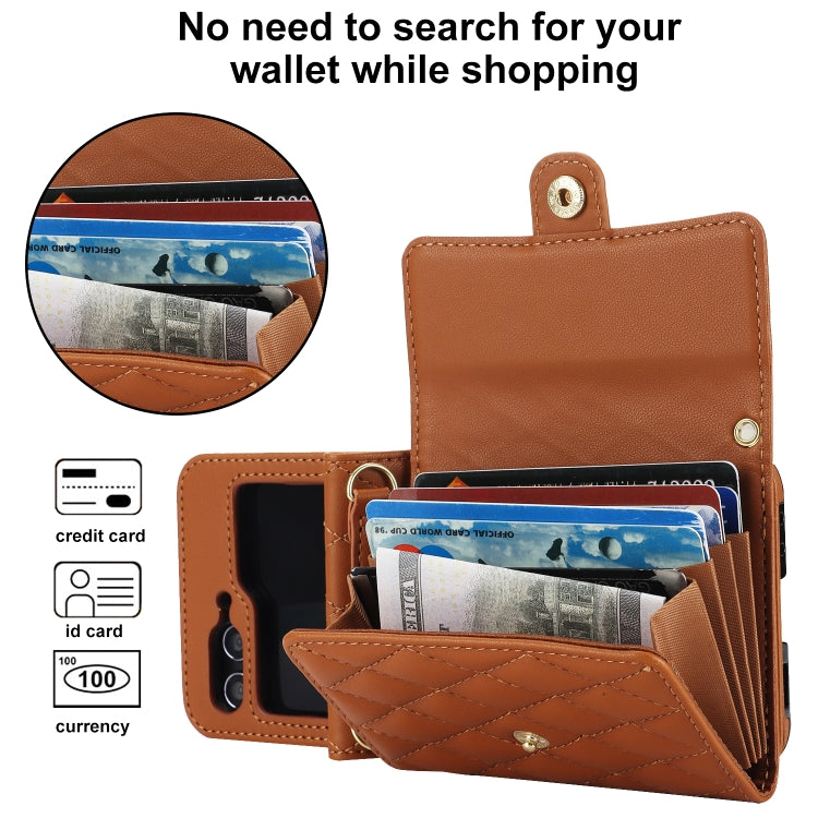 For Samsung Galaxy Z Flip6 Rhombic Texture Card Bag PU Phone Case with Long Lanyard(Brown) - Galaxy Z Flip6 5G Cases by buy2fix | Online Shopping UK | buy2fix